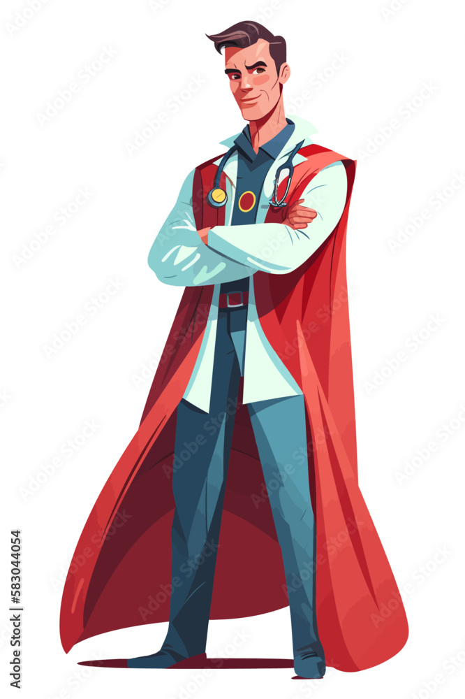 Doctor super-hero in a medical uniform, National doctors day celebration. Vector isolated cartoon style drawing. Doctor super-hero in a medical uniform, National doctors day celebration. Vector isolated cartoon style drawing.
