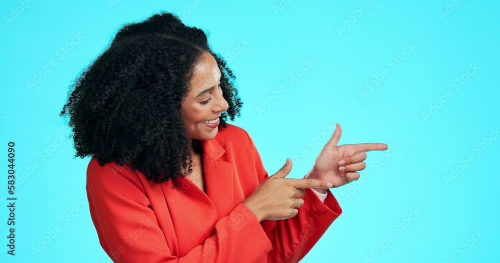 Business, woman and pointing on green screen with product placement in studio with blue background. Mockup, space and excited person showing announcement, information or promotion with happy smile. Business, woman and pointing on green screen with product placement in studio with blue background. Mockup, space and excited person showing announcement, information or promotion with happy smile.