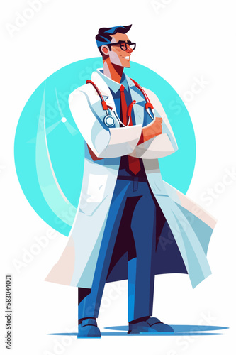 Doctor super-hero in a medical uniform, National doctors day celebration. Vector isolated cartoon style drawing.