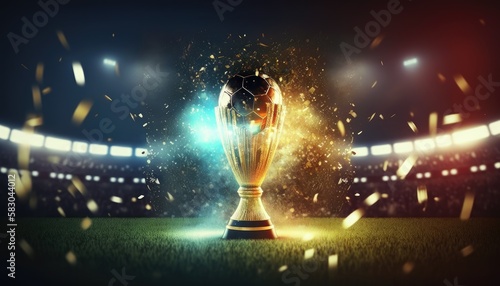 Golden soccer cup reward for victory in football championship on green grass field stadium, multicolored lens flare lights background. Beautiful sport prize reward gold trophy, generative AI photo