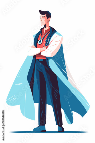 Doctor super-hero in a medical uniform, National doctors day celebration. Vector isolated cartoon style drawing.