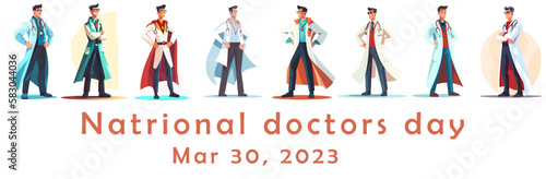 Set of illustrations of Doctor super-hero in a medical uniform, National doctors day celebration. Vector isolated cartoon style drawing.