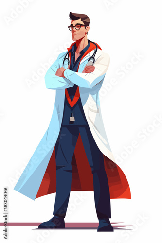 Doctor super-hero in a medical uniform, National doctors day celebration. Vector isolated cartoon style drawing.