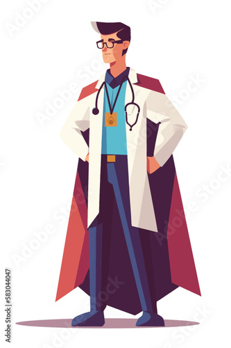 Doctor super-hero in a medical uniform, National doctors day celebration. Vector isolated cartoon style drawing.