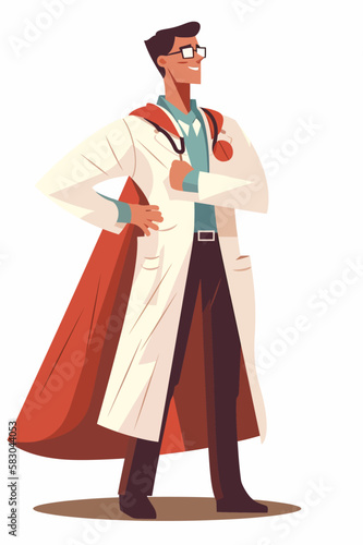 Doctor super-hero in a medical uniform, National doctors day celebration. Vector isolated cartoon style drawing.