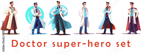 Set of illustrations of Doctor super-hero in a medical uniform, National doctors day celebration. Vector isolated cartoon style drawing.