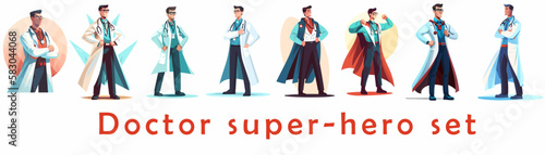 Set of illustrations of Doctor super-hero in a medical uniform, National doctors day celebration. Vector isolated cartoon style drawing.