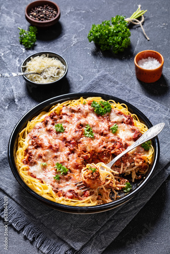 baked spaghetti with ground beef, sauce, cheese
