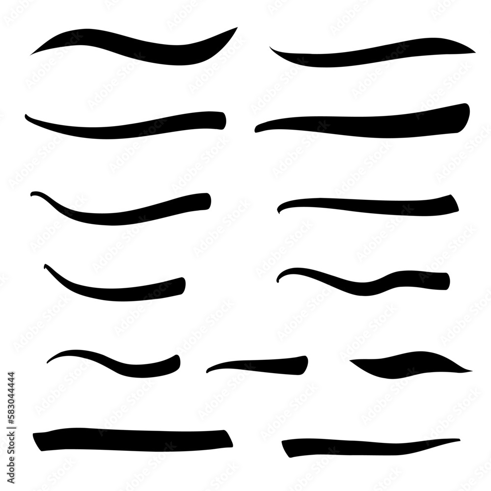 Set of swash hand drawn brush lines, underlines. Vector collection of calligraphic elements in doodle style. Swirl swoosh brushstroke Set of swash hand drawn brush lines, underlines. Vector collection of calligraphic elements in doodle style. Swirl swoosh brushstroke