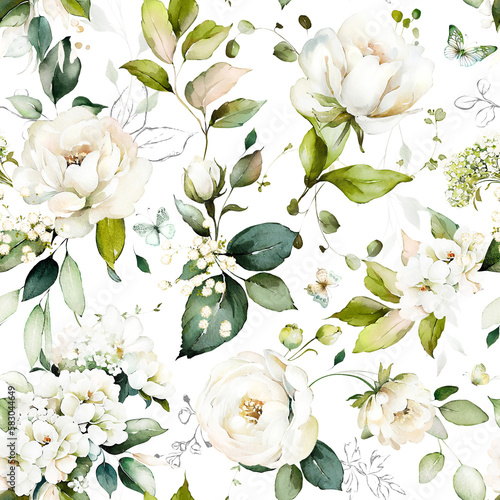 botanical floral seamless pattern with roses, herbs and leaves. Background with flowers 