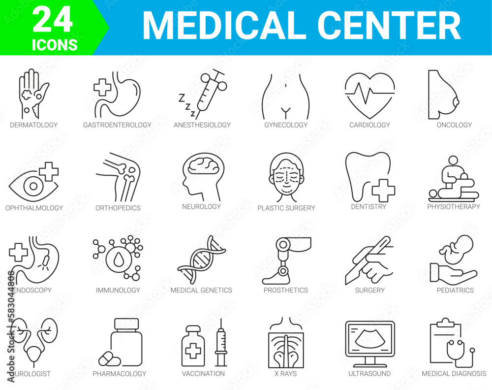 healthcare and medicine, hospital services icons of 24 outline vector. Dermatology, gynecology, oncology, dentistry. healthcare and medicine, hospital services icons of 24 outline vector. Dermatology, gynecology, oncology, dentistry.
