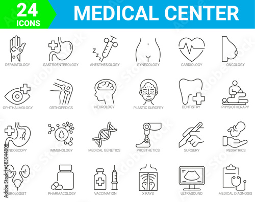 healthcare and medicine, hospital services icons of 24 outline vector. Dermatology, gynecology, oncology, dentistry.