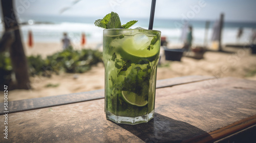 A glass of mojito at a Cuban beach bar Generative AI 
