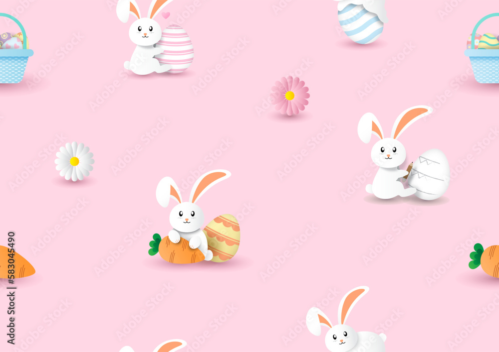 White bunny with Easter eggs in paper cut style wallpaper and gift wrapping paper isolated on pink background.