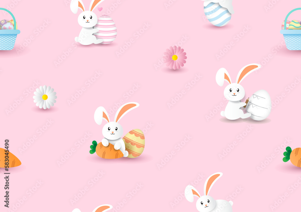 White bunny with Easter eggs in paper cut style wallpaper and gift wrapping paper isolated on pink background. White bunny with Easter eggs in paper cut style wallpaper and gift wrapping paper isolated on pink background.