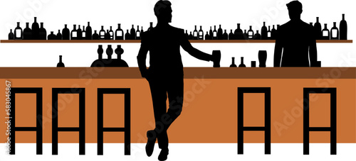 Silhouette: Mann mit Getränk steht entspannt am Tresen und redet mit dem Barkeeper in einer Bar