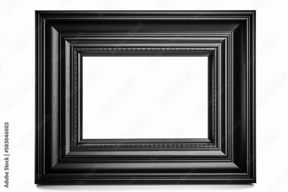 Black, empty, horizontal picture frame on white background. Frame with copy space for artwork, picture. Generative AI. Black, empty, horizontal picture frame on white background. Frame with copy space for artwork, picture. Generative AI.