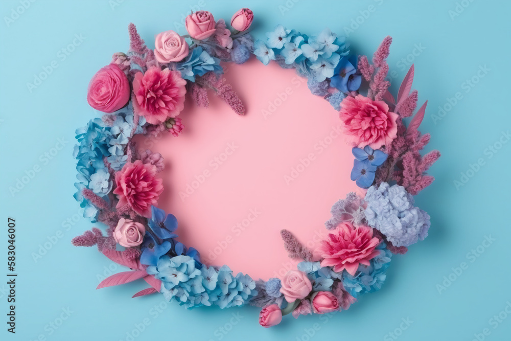 Beautiful blue and pink background with flowers and copy space. Empty space for text. Frame, backdrop. Summer, spring, blossom. Woman's or Mother's Day, Birthday. Generative AI.