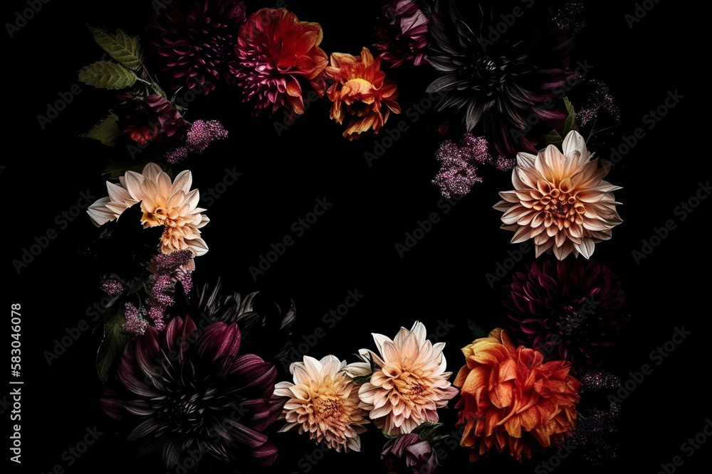 Beautiful black background with flowers and copy space. Empty space for text. Frame, dark backdrop. Generative AI.