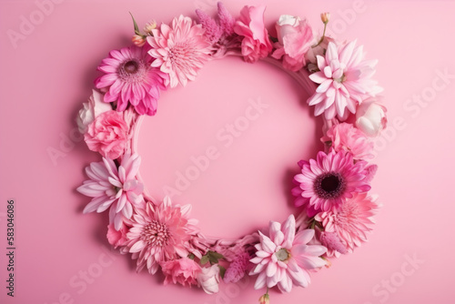 Beautiful pink background with flowers and copy space. Empty space for text. Frame, backdrop. Summer, spring, blossom. Woman's or Mother's Day, Birthday. Generative AI. © Kassiopeia 