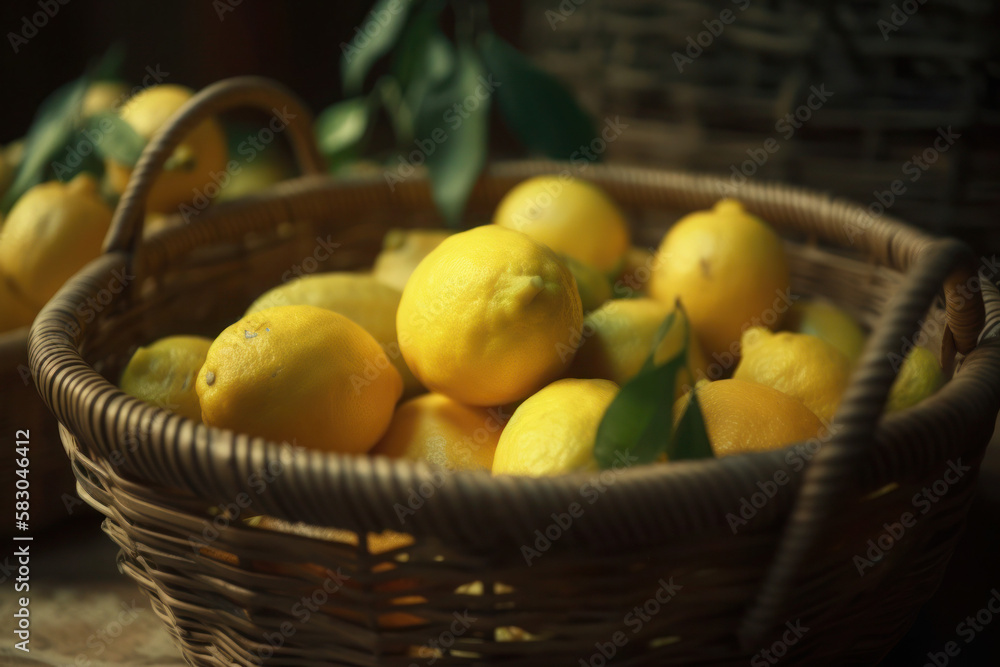 lemons in a basket kitchen fruit yellow citruses fresh background generative ai