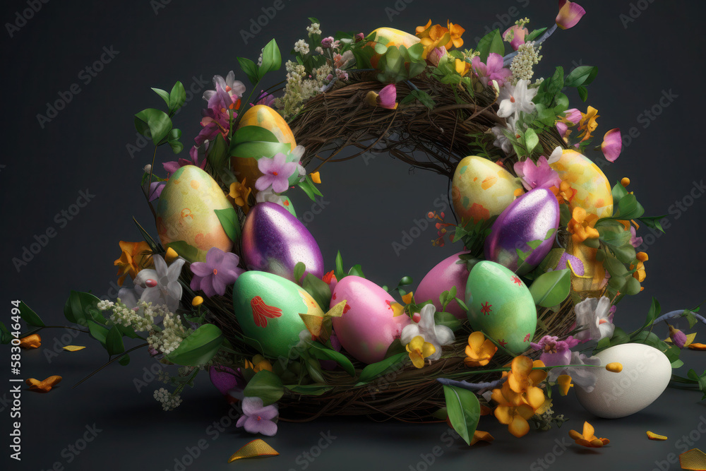 beautiful easter wreath eggs flowers on black background spring decoration generative ai