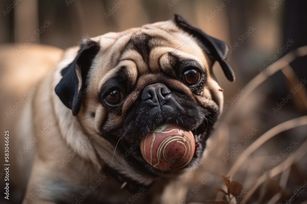 pug playing with a ball funny dog ​​close-up generative ai
