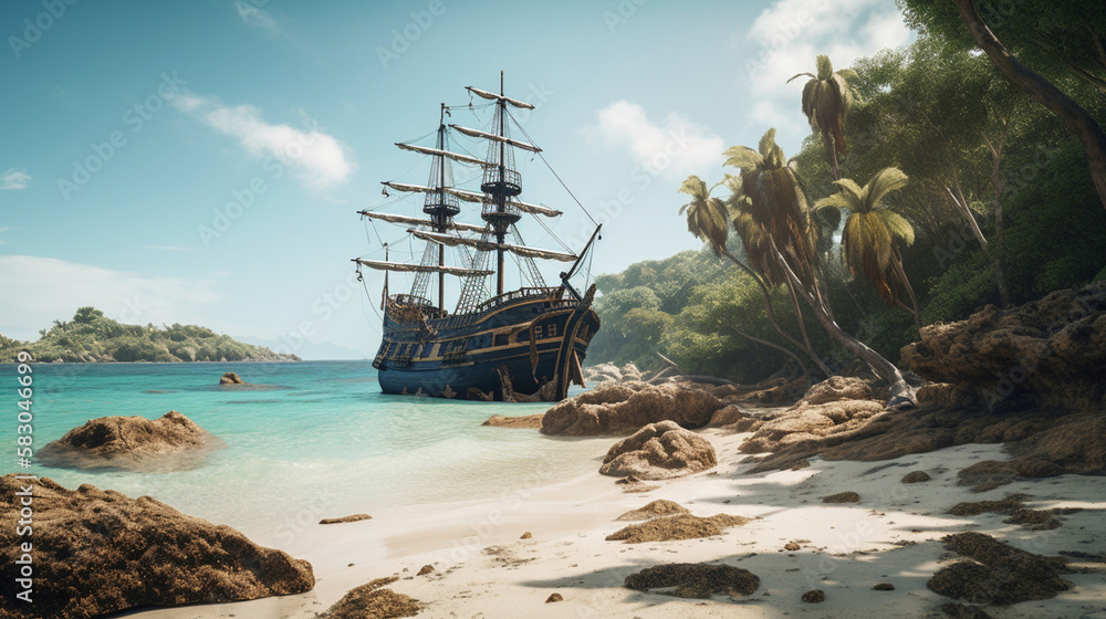 A pirate ship looking for treasure on a deserted Generative AI