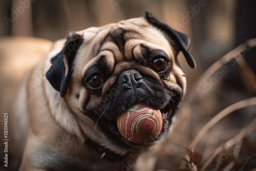 pug playing with a ball funny dog ​​close-up generative ai