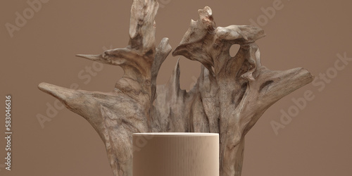 Fototapeta Naklejka Na Ścianę i Meble -  3d podium old timber wooden for product display on brown background. 3D rendering illustration.