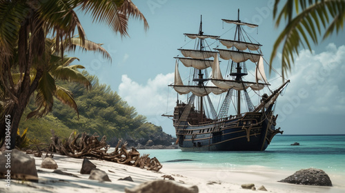 Fotografie, Obraz A pirate ship looking for treasure on a deserted Generative AI