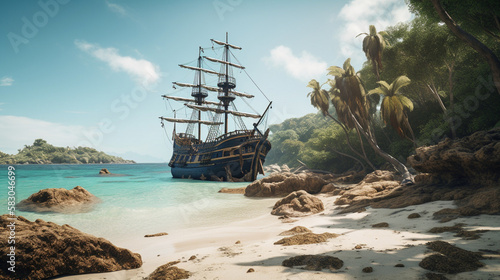 Obraz na płótnie A pirate ship looking for treasure on a deserted Generative AI w salonie