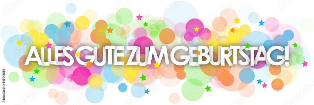 ALLES GUTE ZUM GEBURTSTAG! (HAPPY BIRTHDAY! in German) typography banner with colorful stars and bokeh lights on transparent background