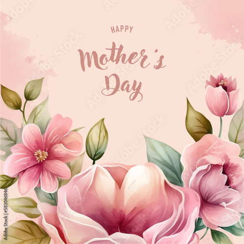 Fototapeta Naklejka Na Ścianę i Meble -  Vector watercolor banner with beautiful flowers framed for mother's day