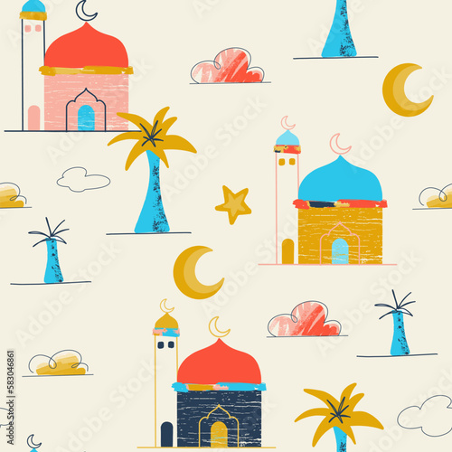 Holy Ramadan Landscape Vector Seamless Pattern