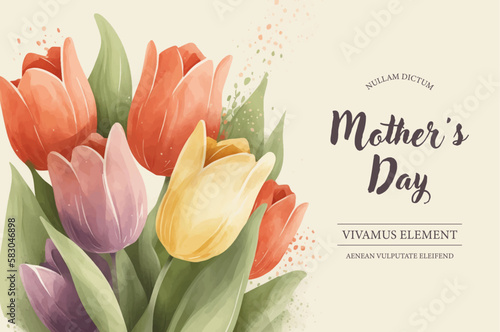 Fototapete Vector watercolor banner with beautiful flowers framed for mother's day