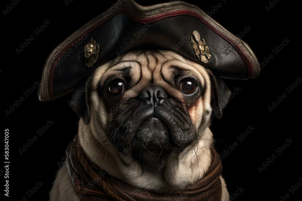 Obraz premium Portrait of a pug pirate in a hat dog generative ai