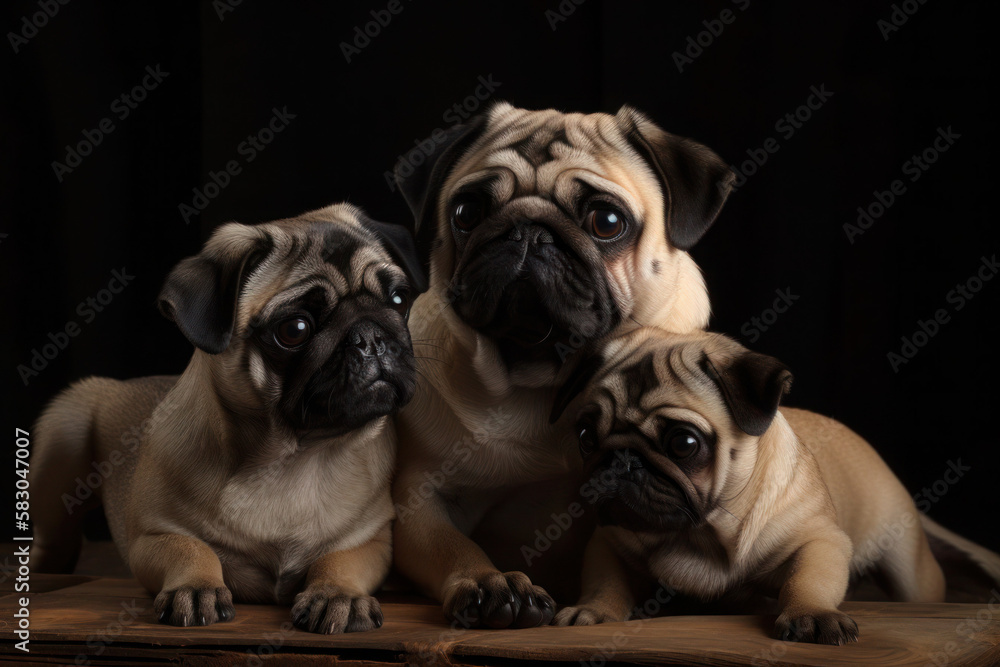 family  pugs with puppies portet dogs cute on a black background generative ai