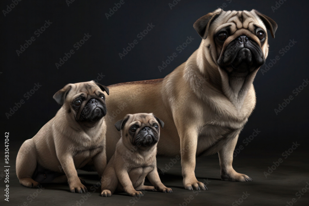family  pugs with puppies portet dogs cute on a black background generative ai