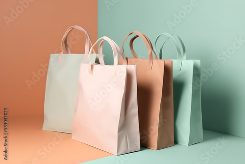 Mock up minimalist colorful shopping bags, Mock up template for product branding plastic free reusable nature-friendly materials concept, generative ai
