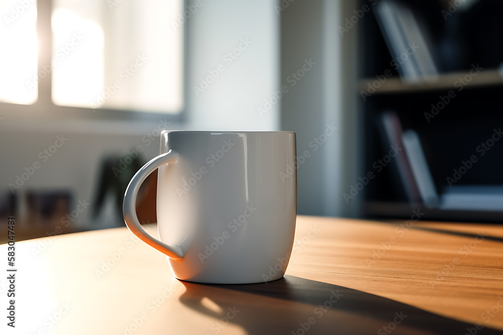 Fototapeta premium Mock up minimalist white ceramic mug in office, living room setting