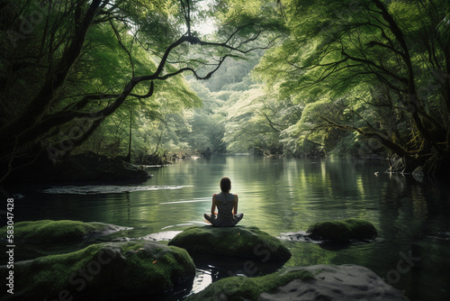 A girl meditating in a quiet space, or doing yoga in a natural setting. (AI)