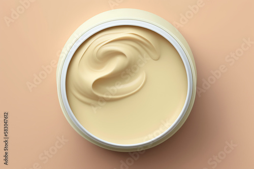 beauty product beauty cream for skin care and moisturizing anti-aging cream jar top close-up view on beige background. copy space. Generative AI.