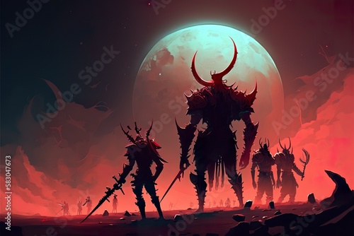 A group of demons under the red moon. dark fantasy . Creative illustration. (Ai Generate)