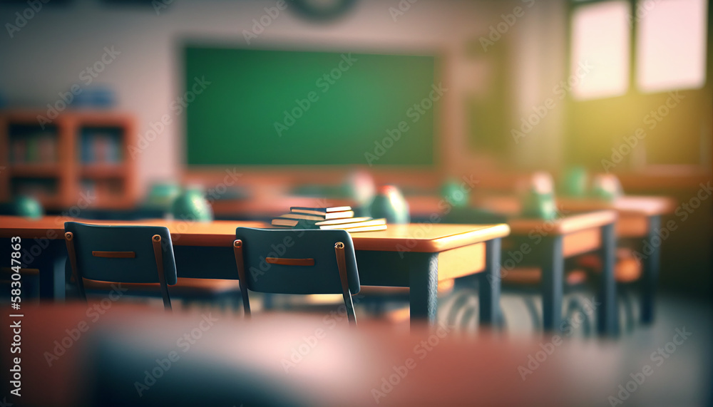 A classroom setting with a blurred background and an empty student desk arrangement, Generative AI - obrazy, fototapety, plakaty 
