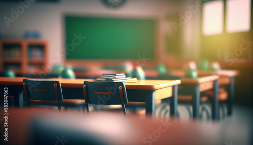 A classroom setting with a blurred background and an empty student desk arrangement, Generative AI