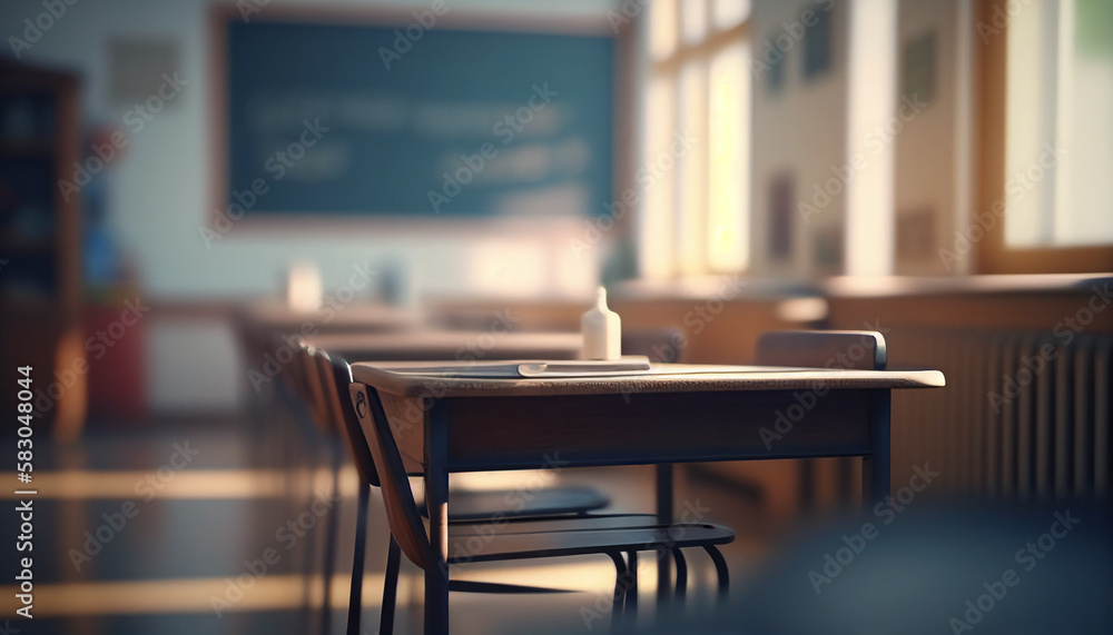 A serene classroom setting with a blurred background and no students present, Generative AI