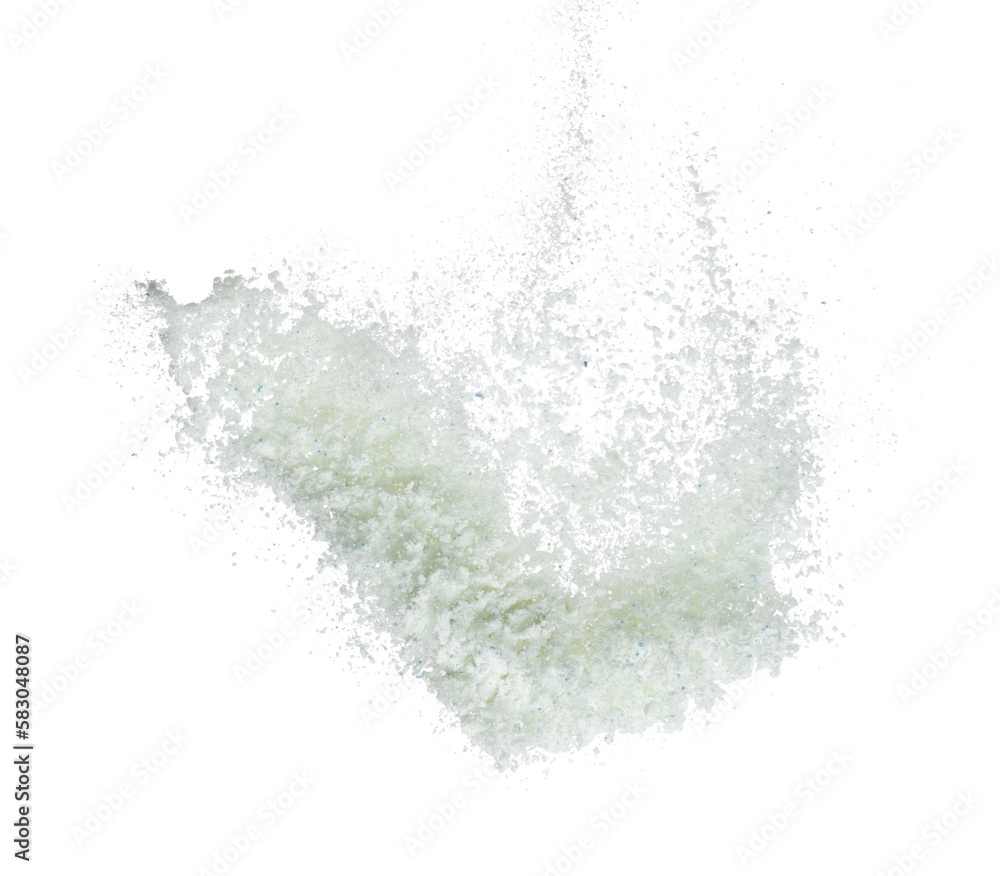 Fototapeta premium Detergent Powder splash fly in air. Detergent Powder pour float in mid air. Detergent Powder blue soap explosion throw fluttering. White background isolated high speed shutter freeze motion