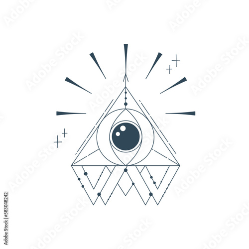 Esoteric pyramid with eye isolated. Occult mystic triangle with ray and star. Geometric esoteric symbol. Vector illustration design drawn in lines. Mystic eye in triangle