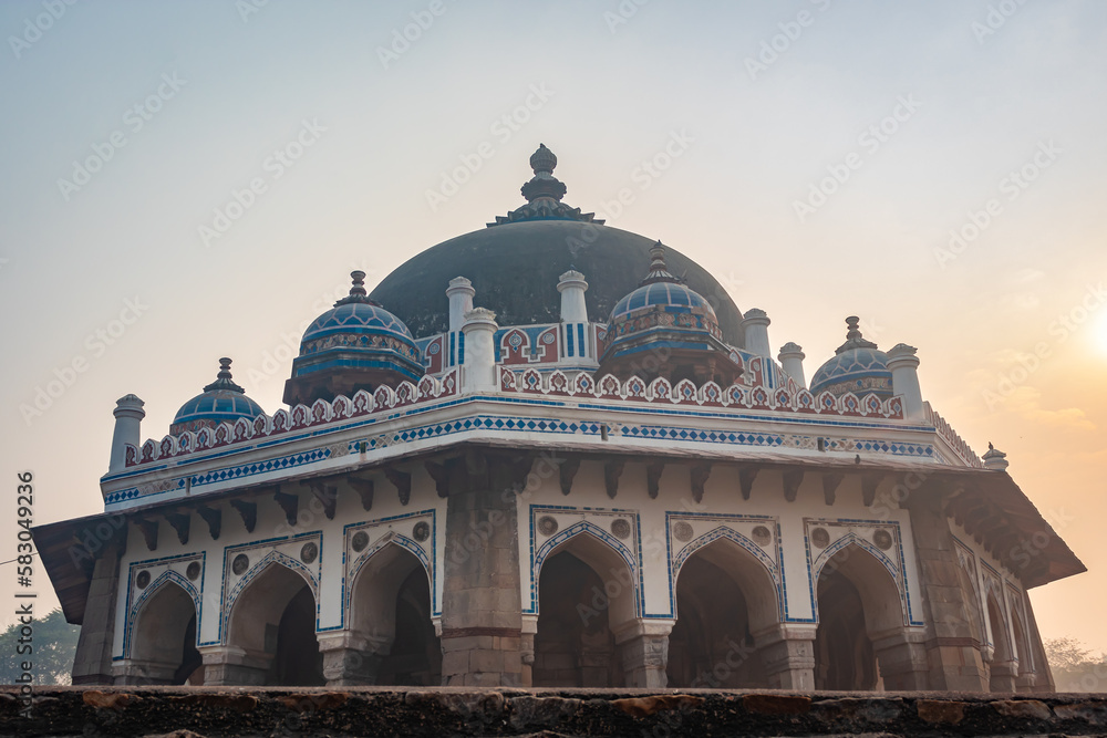Fototapeta premium nila gumbad of humayun tomb exterior view at misty morning from unique perspective